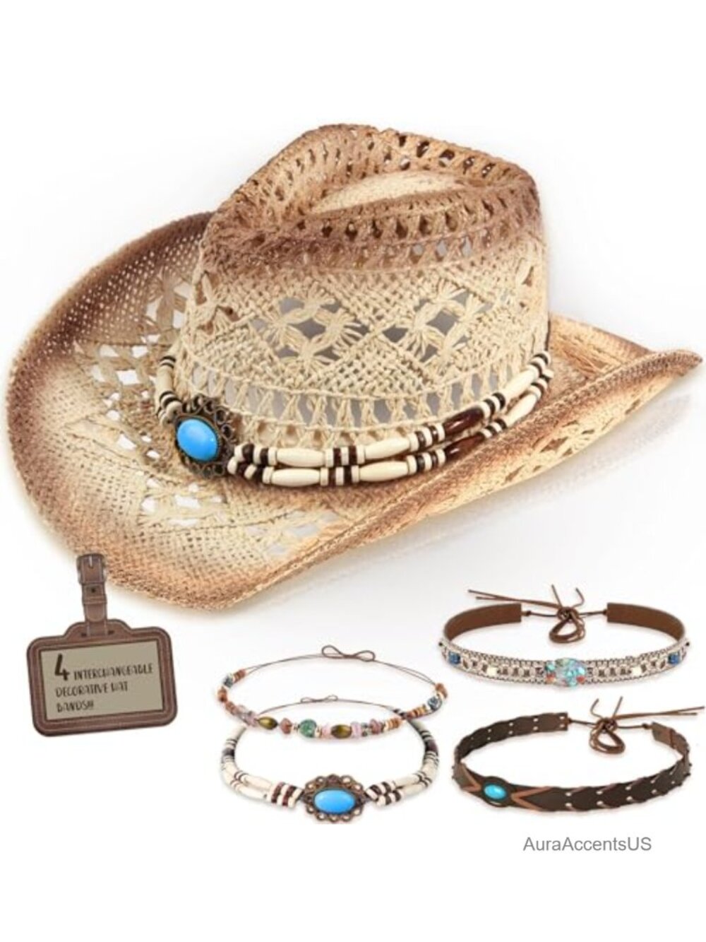 Straw Cowboy Hat Western Cowgirl Hat with Four Decorative Bands Wide Brim